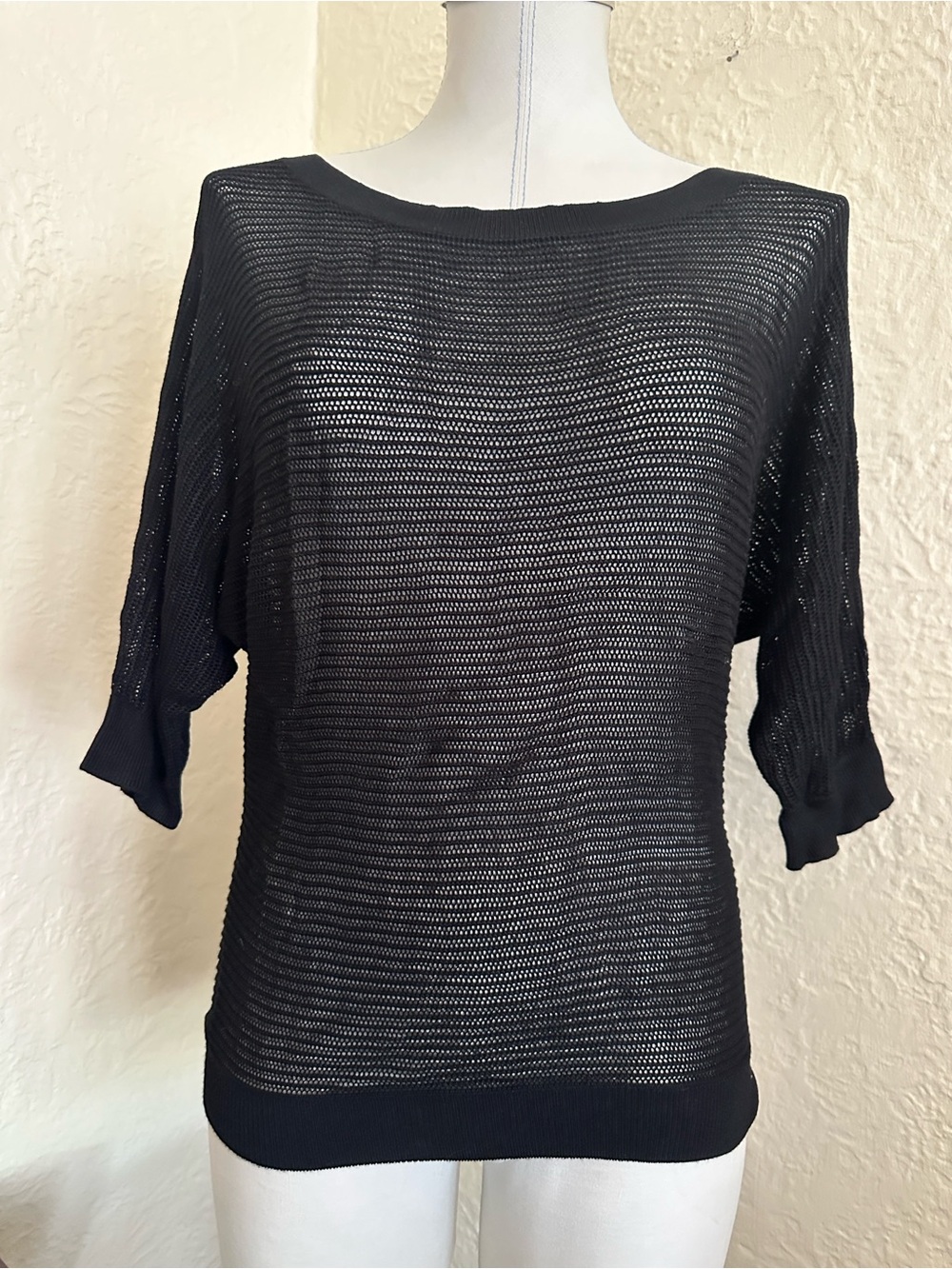 Express Black Openwork Knit Sheer Short Sleeve Sweater Top XS NWT